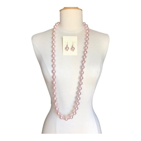 Handmade Light Pink Pearl Like Beads Long Necklace Matching Dangle Earrings Set - Picture 10 of 10